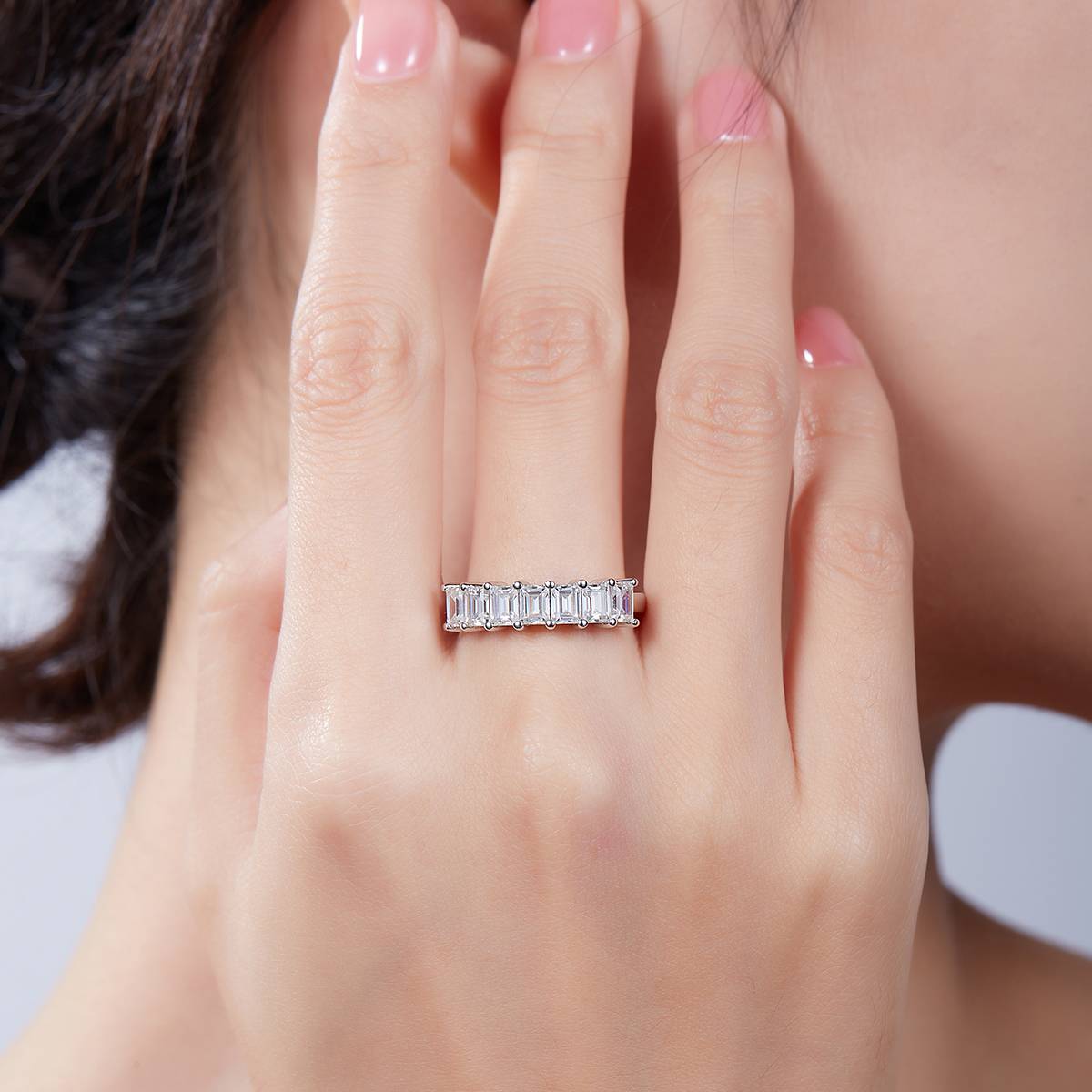 Rectangular S925 Silver Plated Platinum Moissanite Women's Ring 2.1 Carat D-Class
